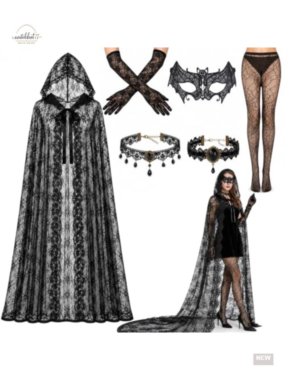 Lace Hooded Cape Costume Set with Mask Gloves Fishnet Tights for Halloween Goth